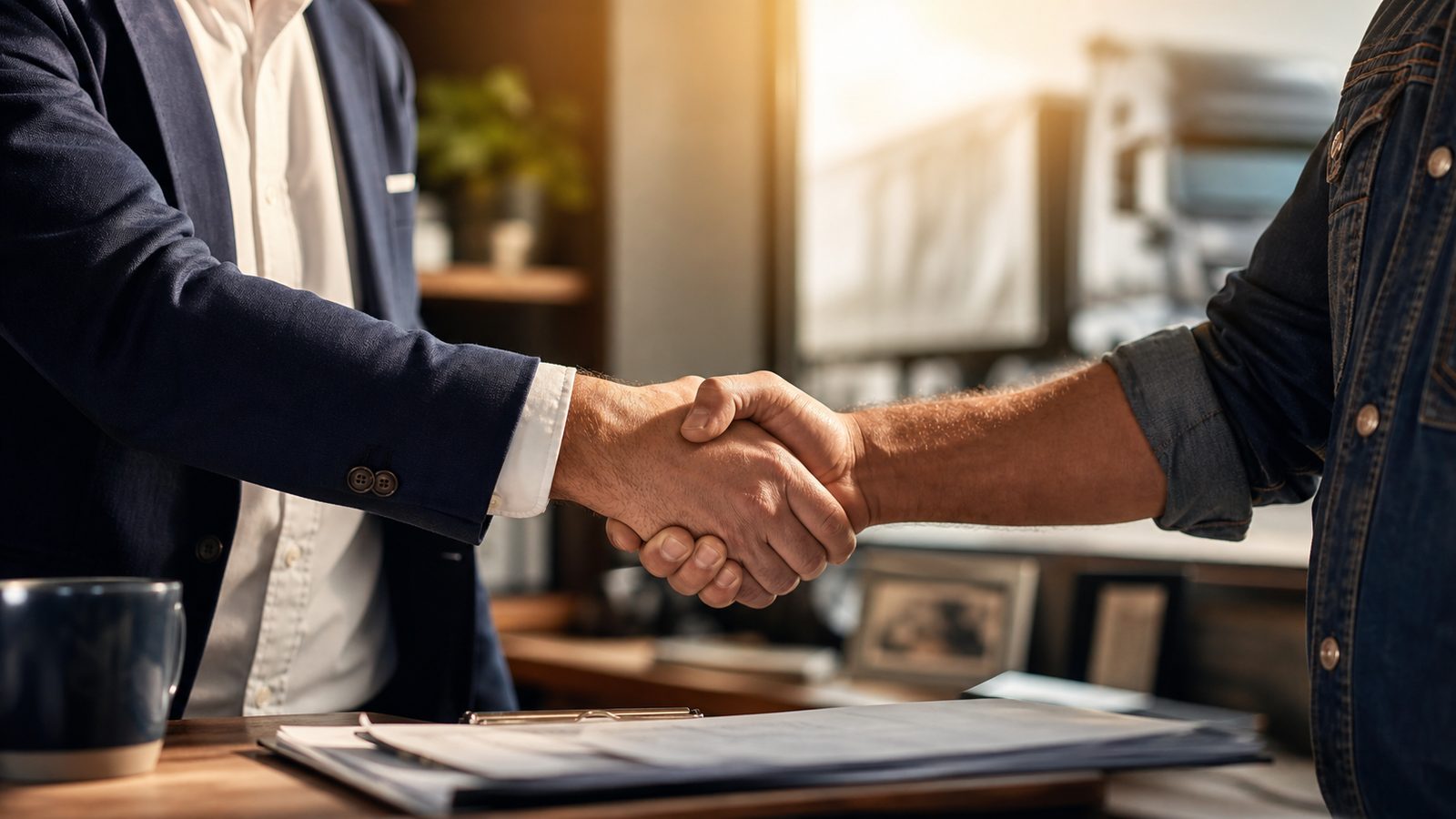 Insurance agent shaking hands with a truck driver over a signed policy