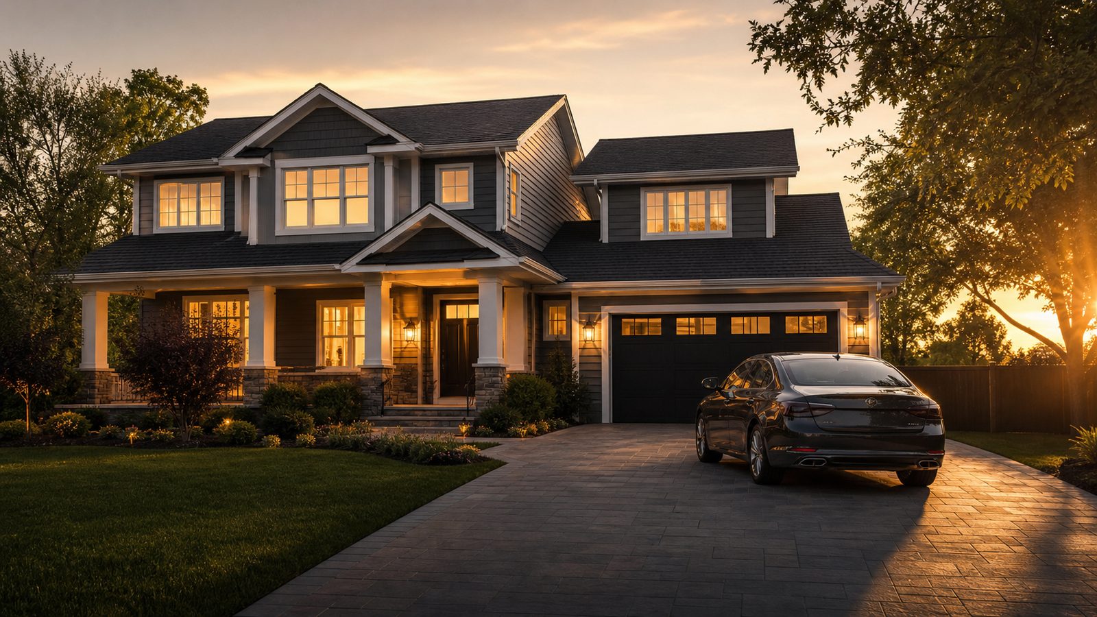 Craftsman family home at golden hour with a car in the driveway