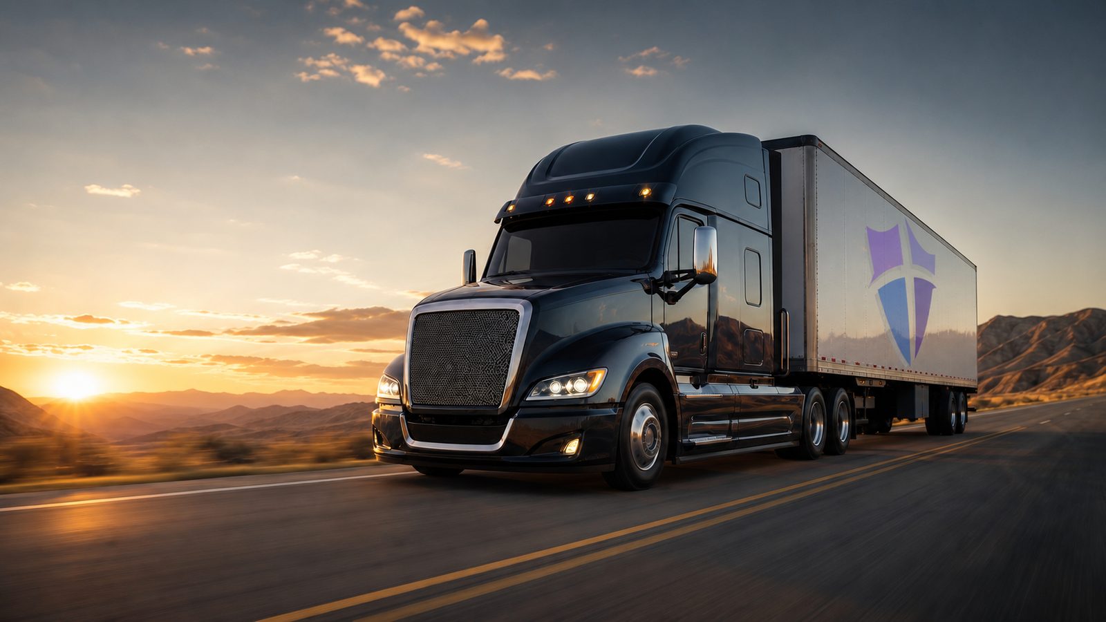 Black Faith Insurance Group semi-truck with the shield logo on the trailer, driving at sunset